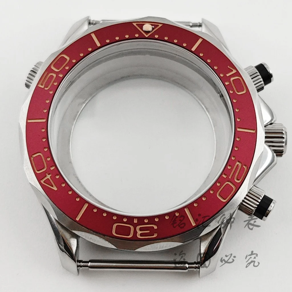 VK63 Red Bezel Sapphire Crystal Silver Case 41mm Waterproof for Seamaster 300 VK63 VK64 Movement Transparent Back Watch Parts
