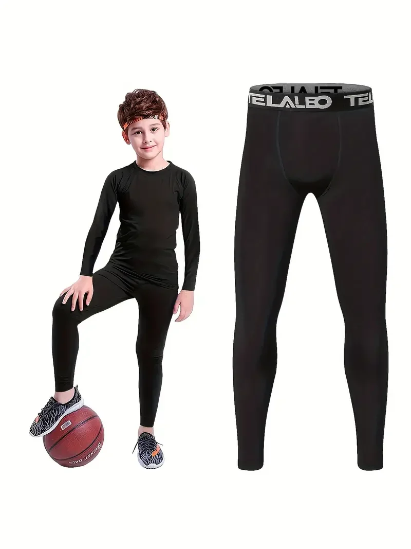 HOPLYNN Boys' Compression Stretch Black Leggings, Fast Drying and Breathable Outdoor Running Training Sweatpants