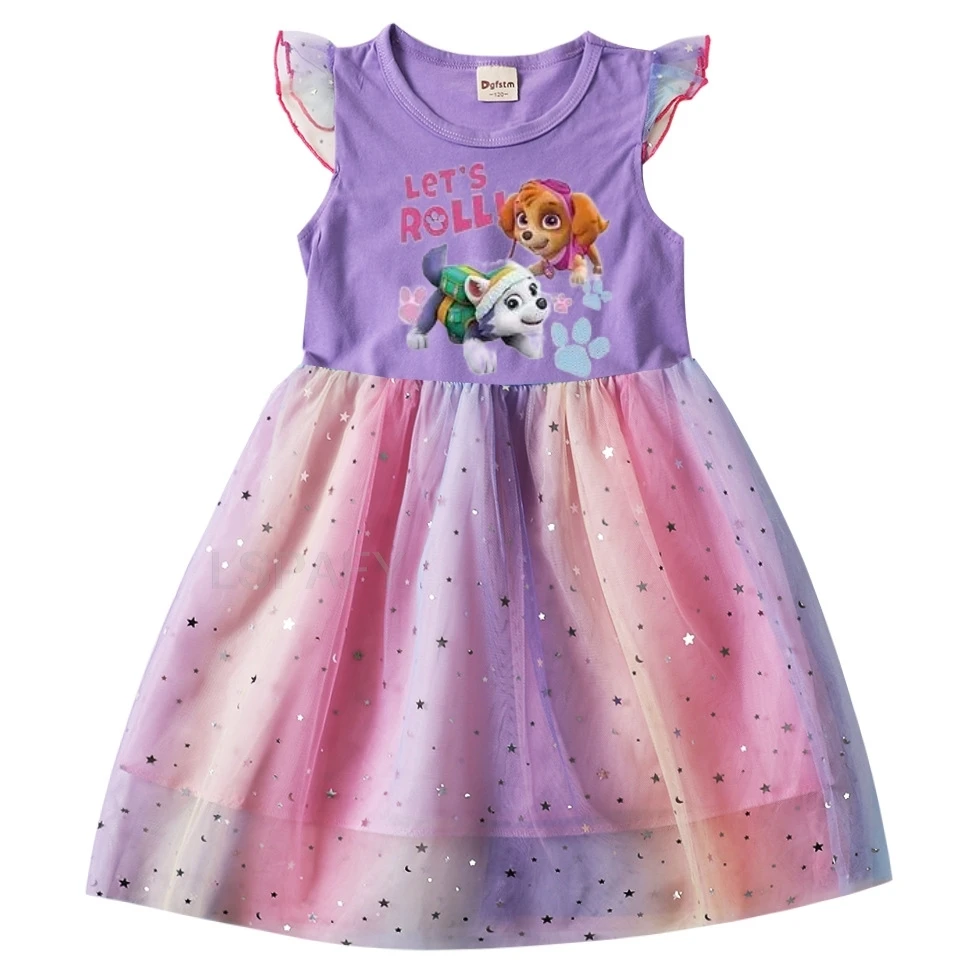 New Summer PAW PATROL Dress Baby Girls Princess Dresses Kids Cartoon Flying Sleeves Wedding Party Dress Pink White Sky Blue