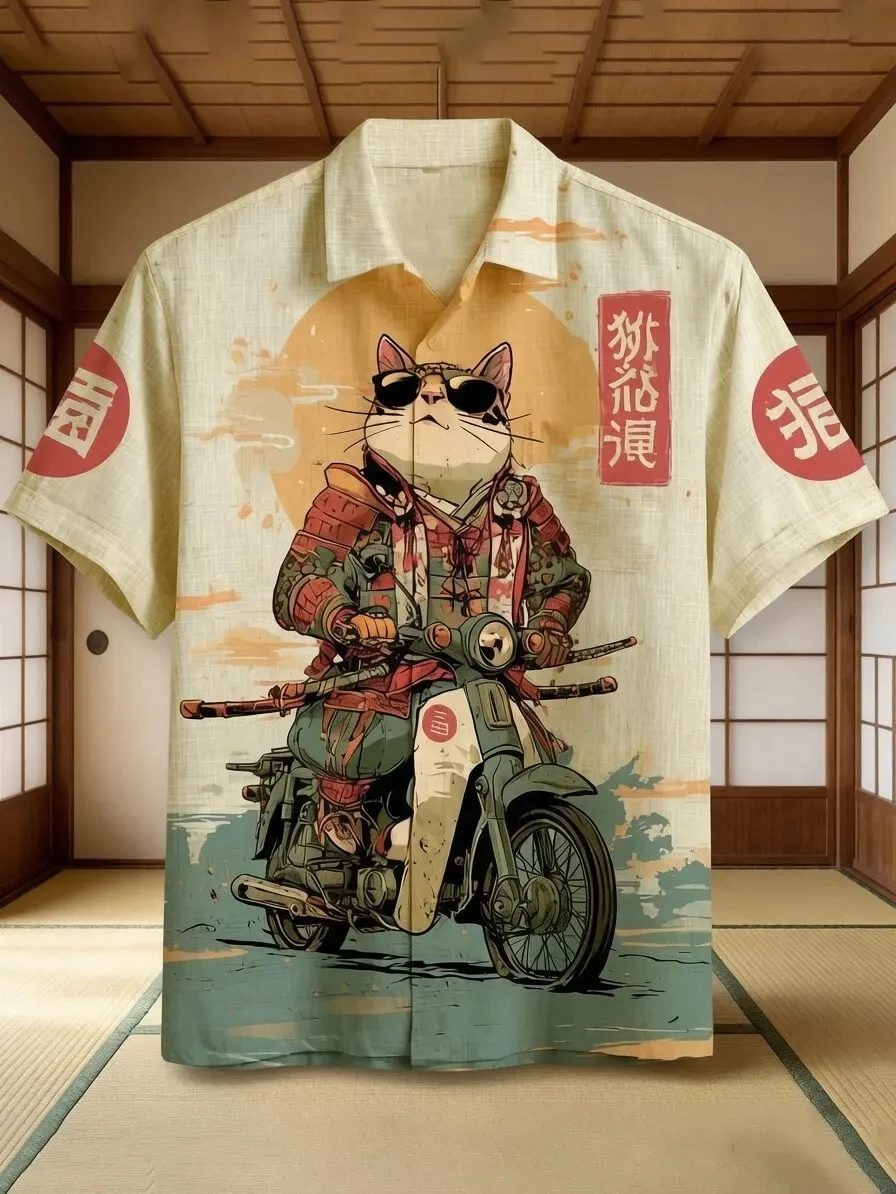 Men's Samurai Cat Vintage Motorcycle Japanese Ukiyo-E Shirts Casual Party Holiday Beach Button-up Top Summer Short Sleeve Blouse