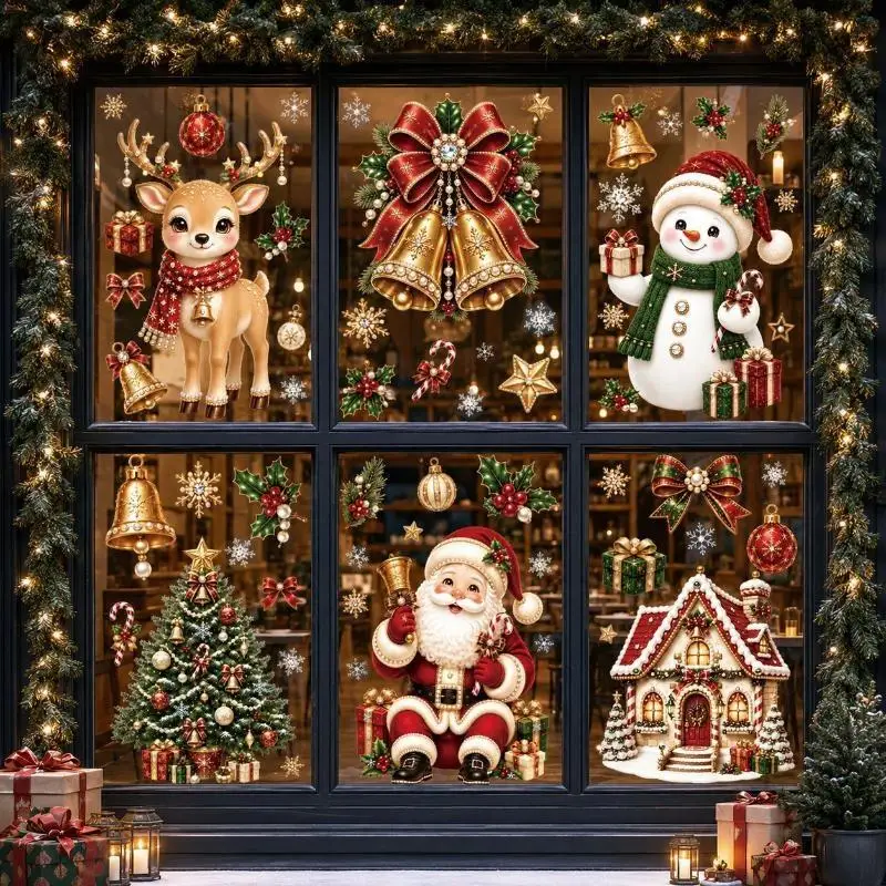 2027 New Xmas Window Stickers Cute Santa Snowflake Snowman Reindeer Decals for Shop Window Holiday Party Decor