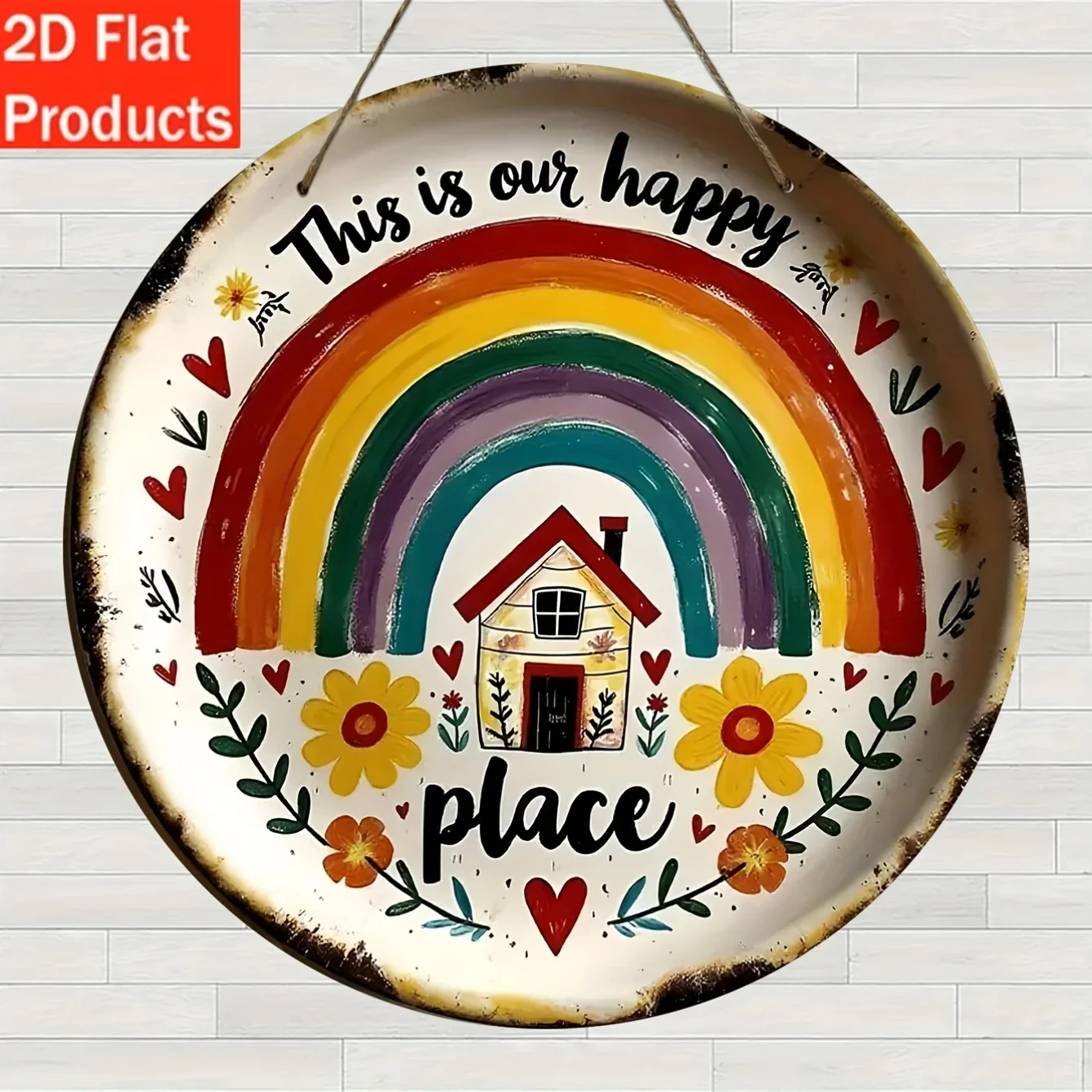 مسطح ثنائي الأبعاد، لوحة زخرفية مسطحة وحلي ثنائية الأبعاد، قطعة واحدة من لافتة معلقة خشبية ممتعة عتيقة، قطعة واحدة مع تصميم "هذا مكاننا السعيد".