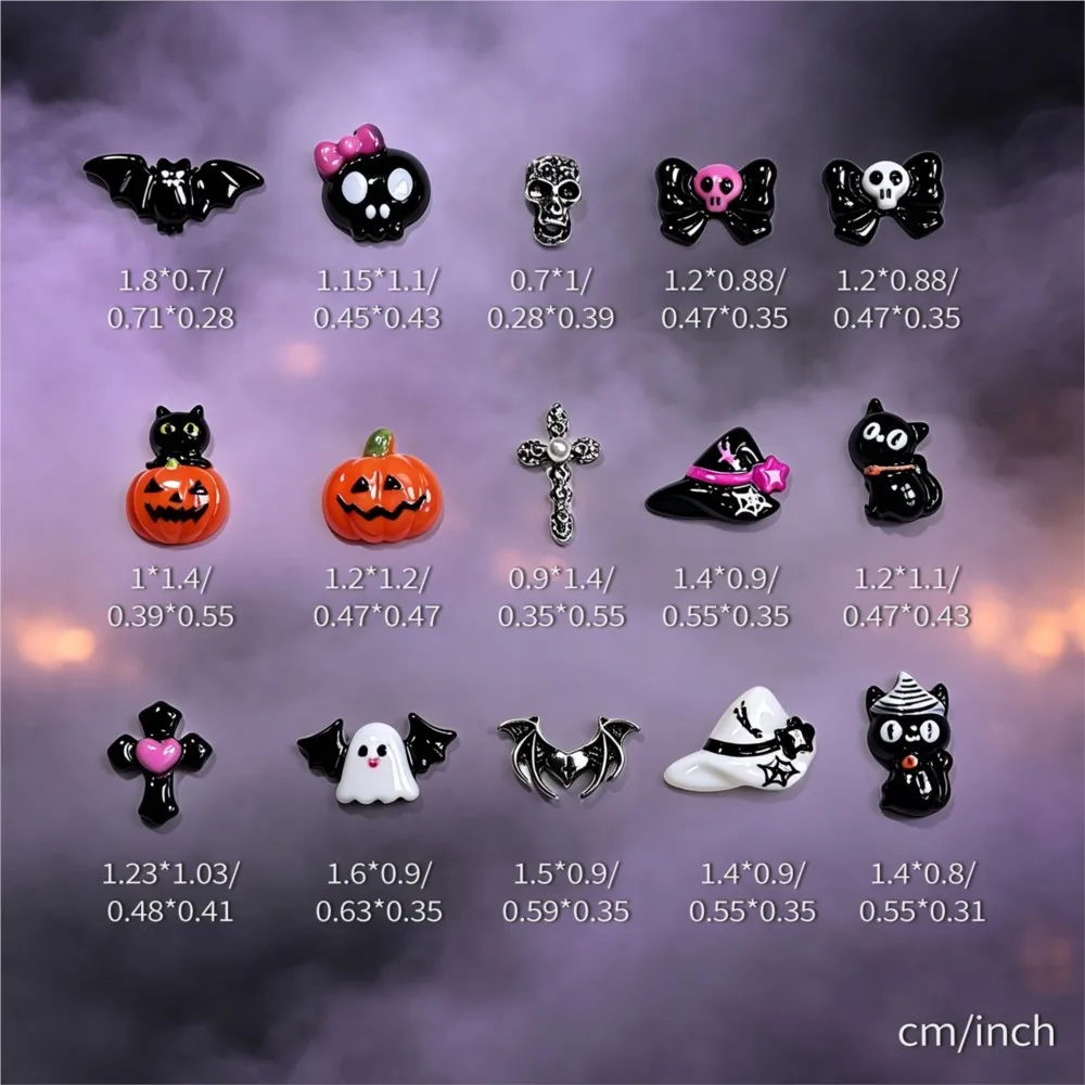 15grid/90pcs 3D Cute Halloween Pumpkin/Skull/Ghost/Cross Nail Gems Black Cat Bow Bat Nail Charms Resin Flatback Halloween Nails view 6