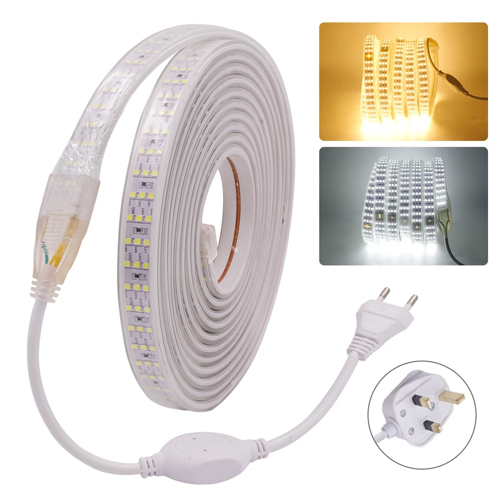 220V LED Light Strip With ON/OFF Switch 10M 276LEDs/m Waterproof Flexible Ribbon Rope Three Row High Brightness Tape Diode Lamp