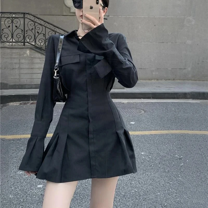 Black Shirt Dress Women Elegant Vintage Long Sleeve Pleated Dress Sexy Gothic Y2k Turn Down Collar Casual Mini Vestidos