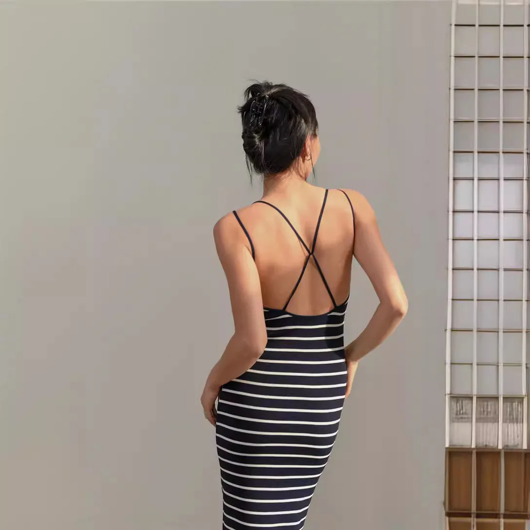 

7058 Flashing Glimpse~ Summer Black And White Striped Off-Shoulder Cross Backless Casual Lazy Strap Tank Dress