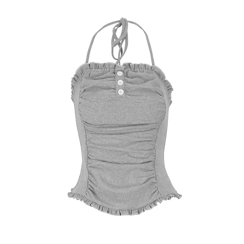 

Women Neck-Mounted Tank Summer New Streetwear Fashion Button Lace-up Top Tank Solid Sexy Backless Elegant Lady Knitted Clothing