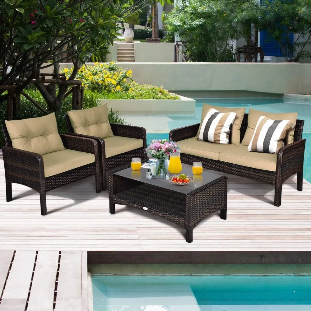 4 Piece Patio Furniture Set, Outdoor Wicker Conversation Set with Glass Top Coffee Table Thick Cushions (Brown)