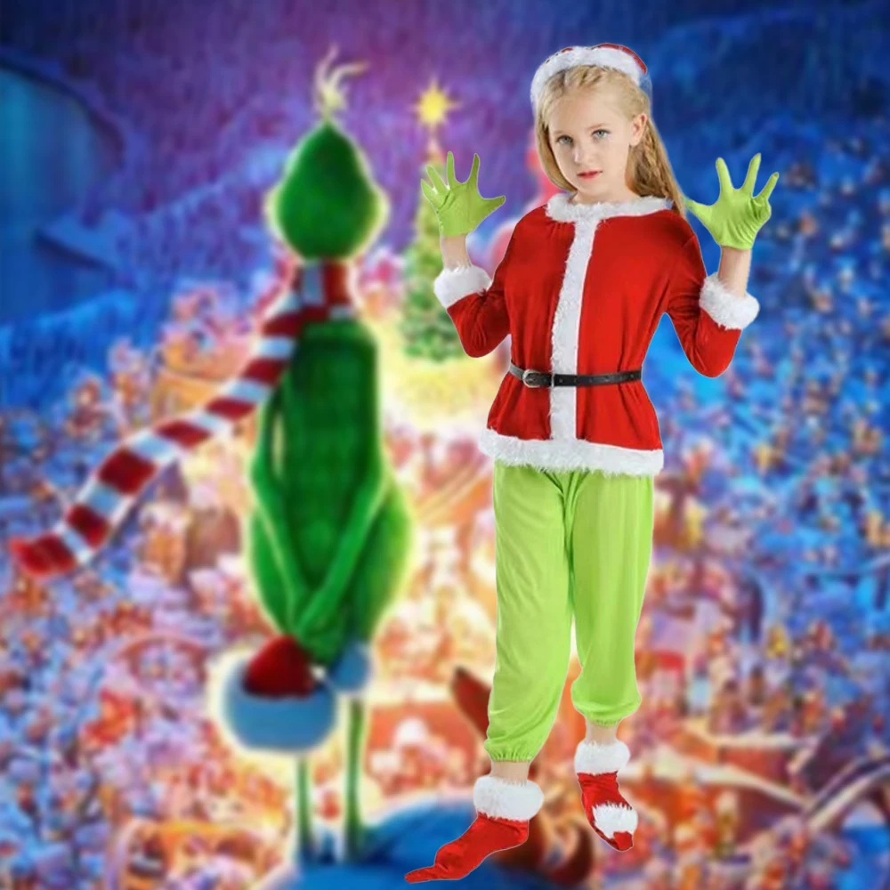 Рождественские семейные костюмы для косплея Grinchy Green Monster, милый наряд для ролевых игр, комбинезон для дня рождения, пижама на Хэллоуин