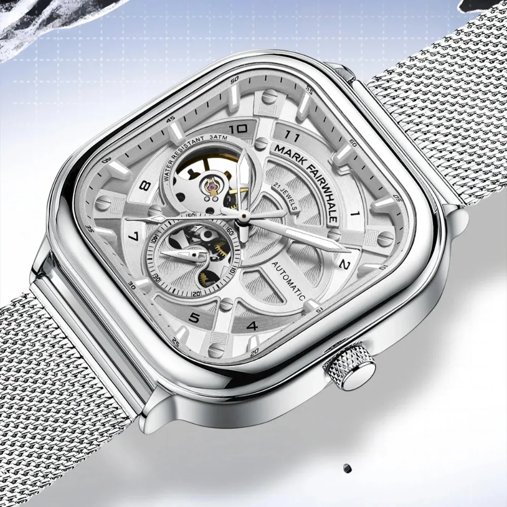

Mark Fairwhale 6014, мужские механические часы с автоматическим механизмом, квадратный циферблат, водонепроницаемые часы из нержавеющей стали с сетчатым ремешком для мужчин