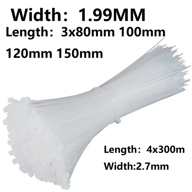 100Pcs White Self-Locking Nylon Industrial Cable Tie 1.99mm X 80/100/120/150/200 mm 2.7mm X 300 mm Fasten Cable Organiser Wire C