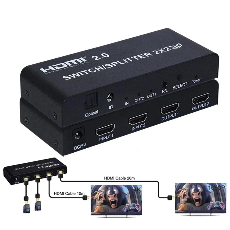 

4K 60Hz HDMI-compatible Switch Splitter 2 in 2 out Video Distributor 2x2 Switcher with Aduio Extractor for PS4 DVD PC TV Monitor