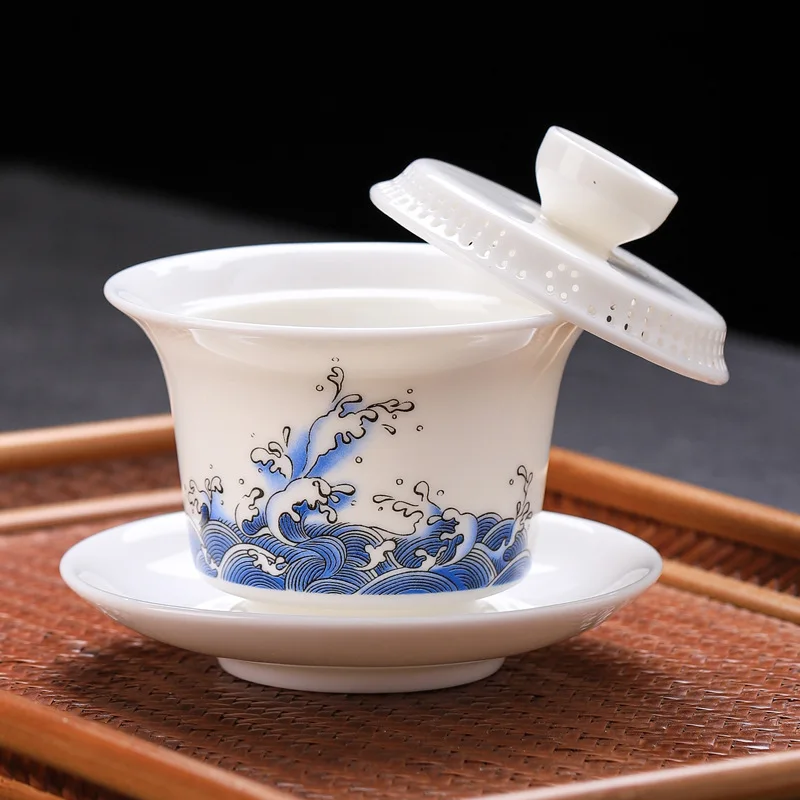 Dehua Mutton Fat Jade Three Piece Gaiwan with Built In Filter Single Ceramic Kung Fu Tea Set Vintage Tea Bowl Home Office Gift