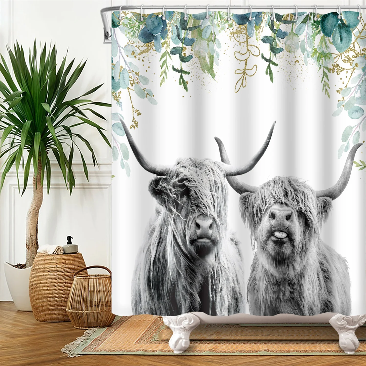Farmhouse Highland Cow Shower Curtain With Hooks Funny Bull Cattle Bull Floral Decor Country Style Bothroom Curtain