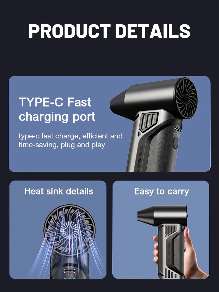 160000 RPM,10000mAh Brushless Motor Electric Turbo Jet Fan High-Speed Turbo Violent Fan Rechargeable Powerful Dust Blower 52m/s