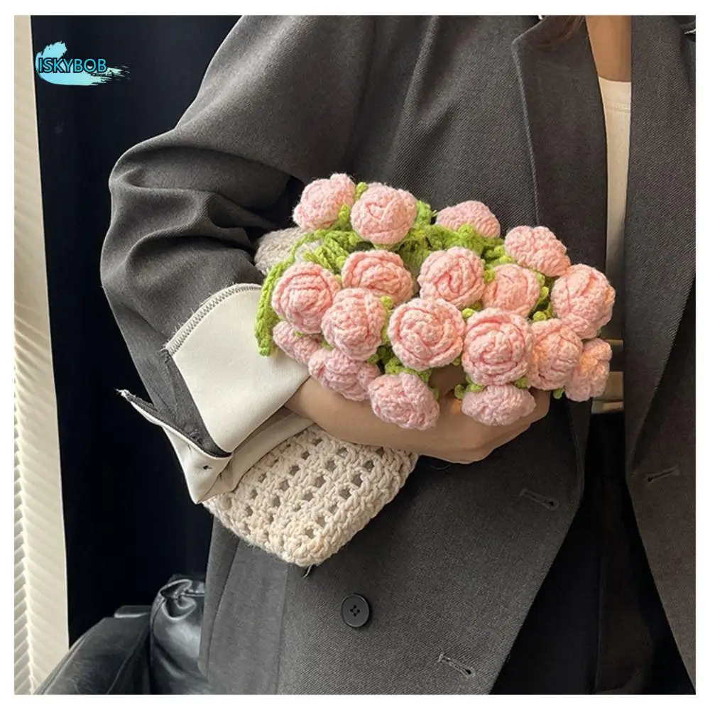 

Bohemian Rose Bouquet Weave Bag Crochet Cotton Rope Knitted Flower Shoulder Bag Hollow Out Rustic Rose Beach Bucket Bag