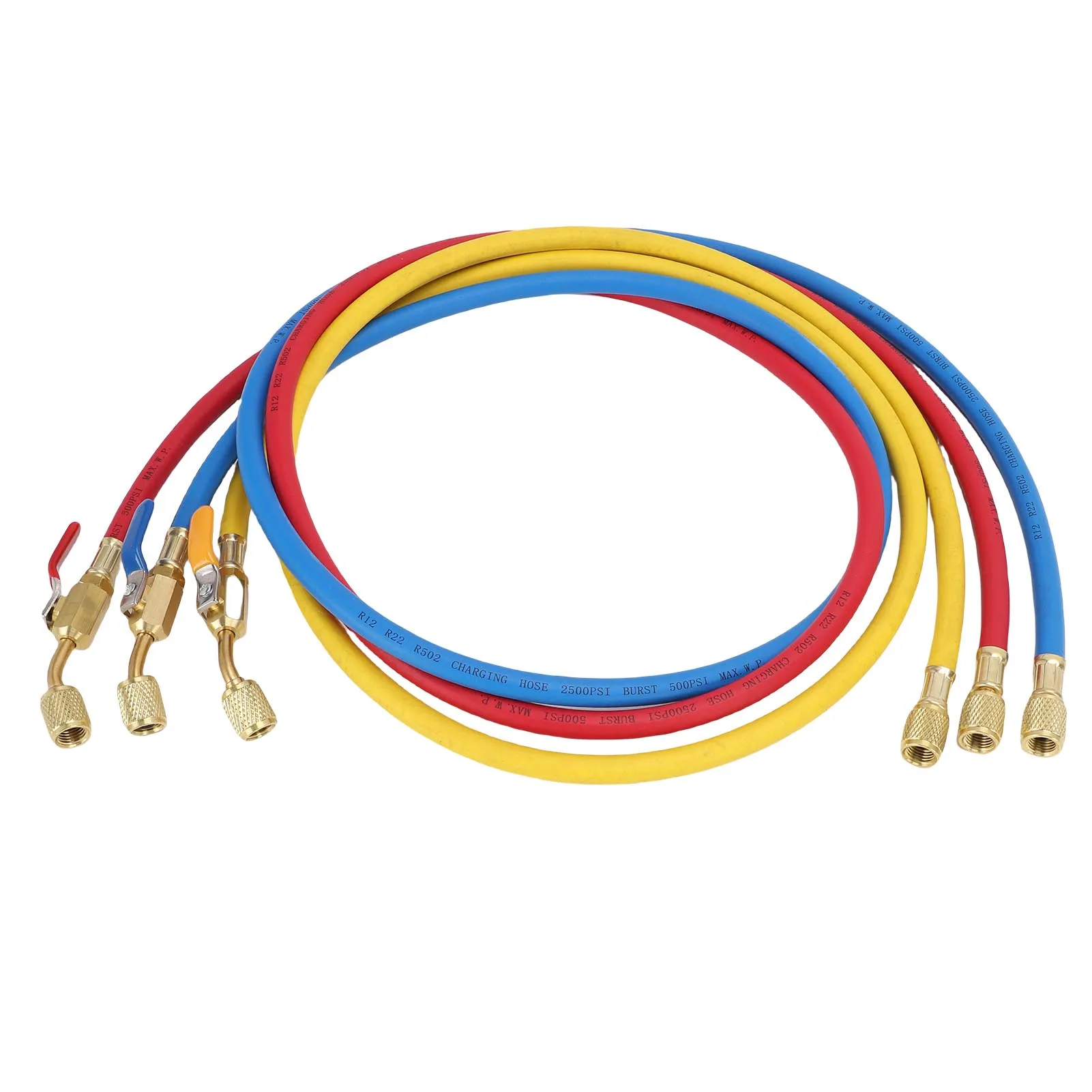 3Pcs AC Refrigerant Charging Hose 500PSI with Ball Valve 1/4in Thread 60in for Car RV Yacht Truck OEM Replacement Air Con Manifo