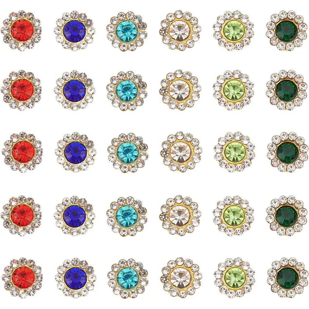 600Pcs 8mm Flower Shape Rhinestone Sew on 6 Colors Bright Flat Back Beads Buttons Crystal Embellishments Buttons for making kit