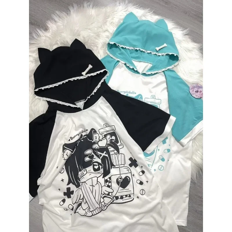 Y2k Sweet Summer Loose T-shirt with Hooded Cat Ear Japanese Kawaii Anime Print Harajuku Short Sleeves Top Gothic Subculture Tees