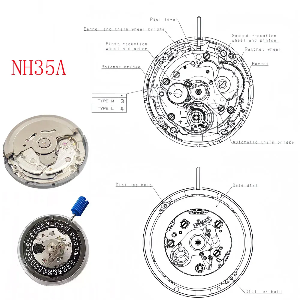 Japan Seikk Original NH35 NH35A Watch Movement Fit NH35 Automatic Mechanical Fit 3.0 Crown Watch White Date Wheel 24 Jewels.