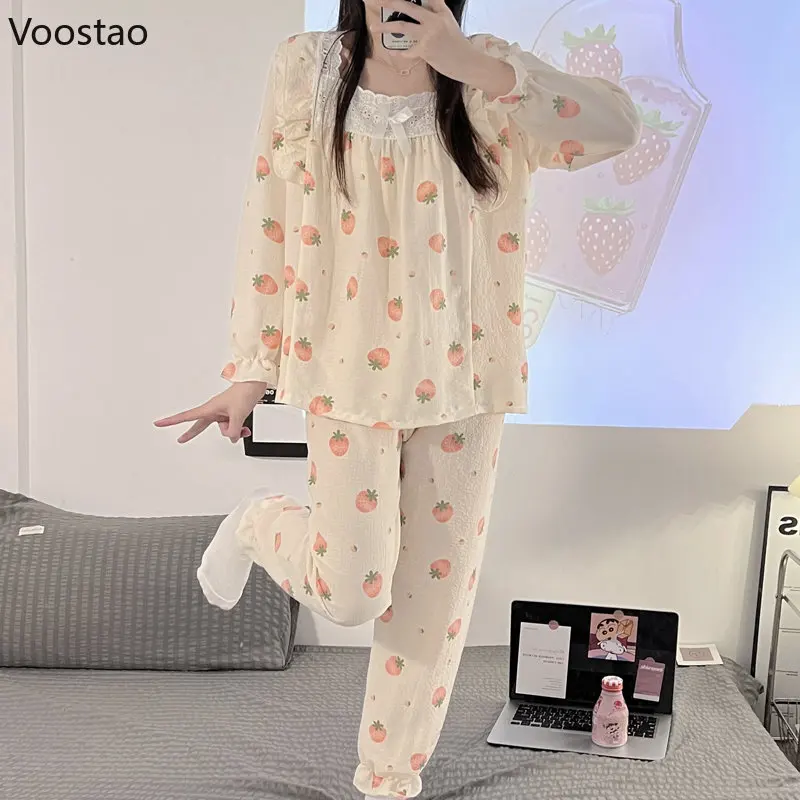 Spring Autumn Sweet Lolita Pajamas Suit Women Kawaii Lace Bow Strawberry Print Long Sleeve Tops Pants 2 Piece Set Girl Sleepwear