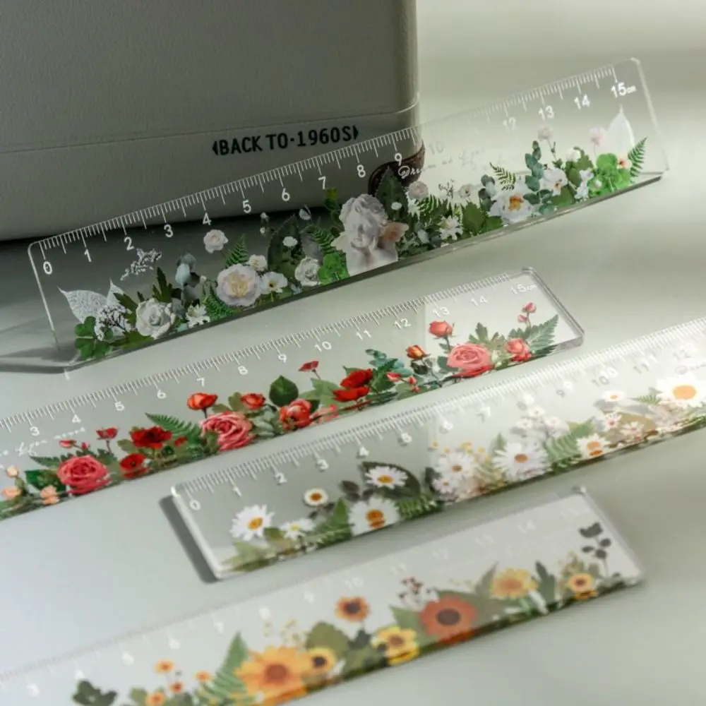 Flower Series Multifunction 15cm Straight Ruler Transparent Double-duty Math Drawing Ruler Daisy Rose Drafting Ruler Office