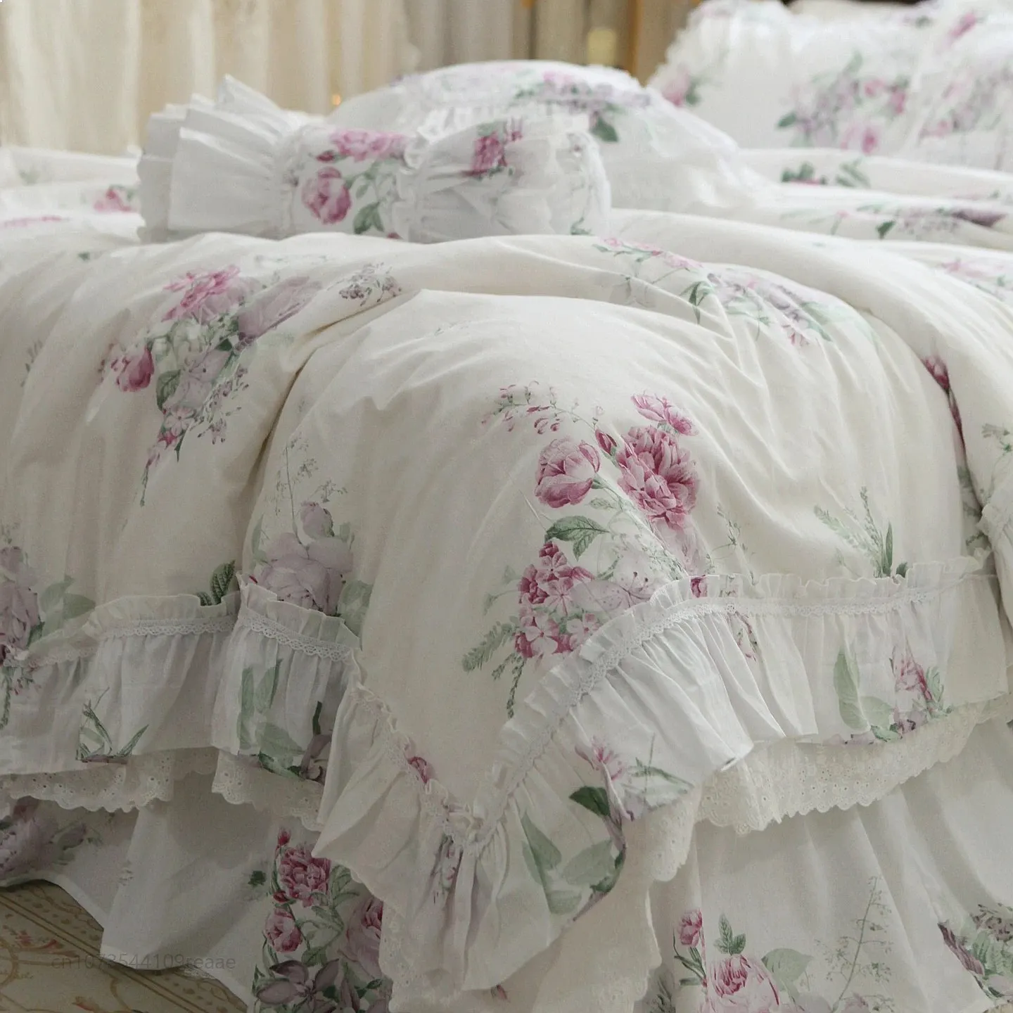 Sabela Garden French Korean Princess Lace Cotton Bed Skirt Set 4Pcs