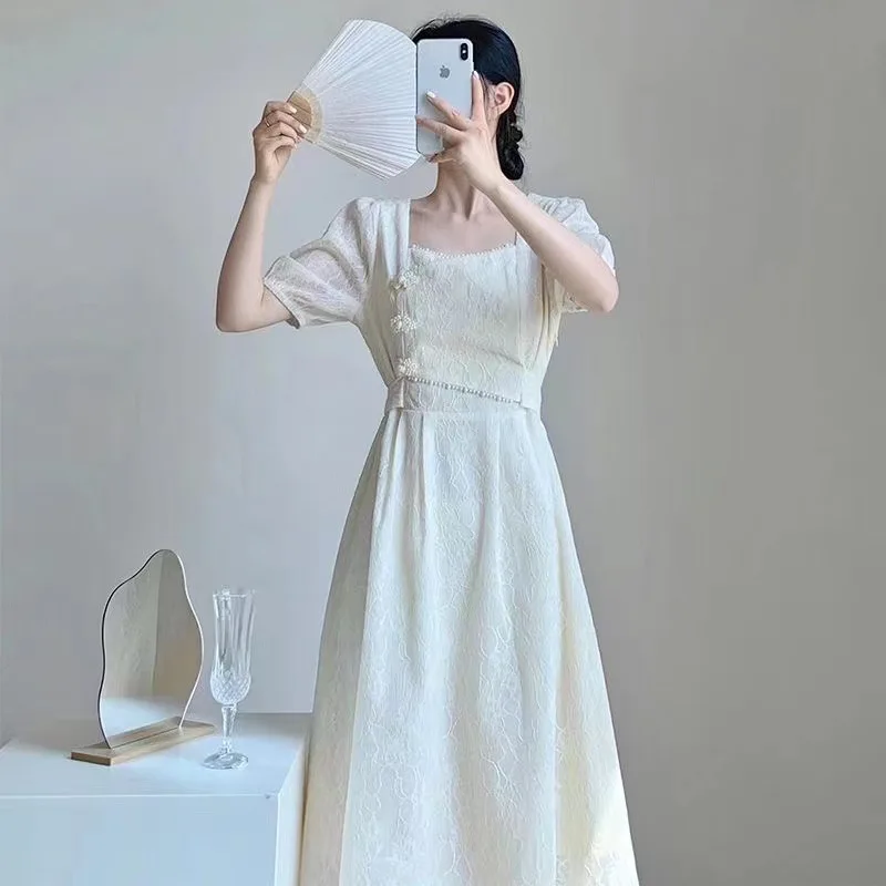 ZXRYXGS Uterine Court Style Long Dress 2024 New Cheongsam Cheongsam Women's Dresses Summer Retro White Dress