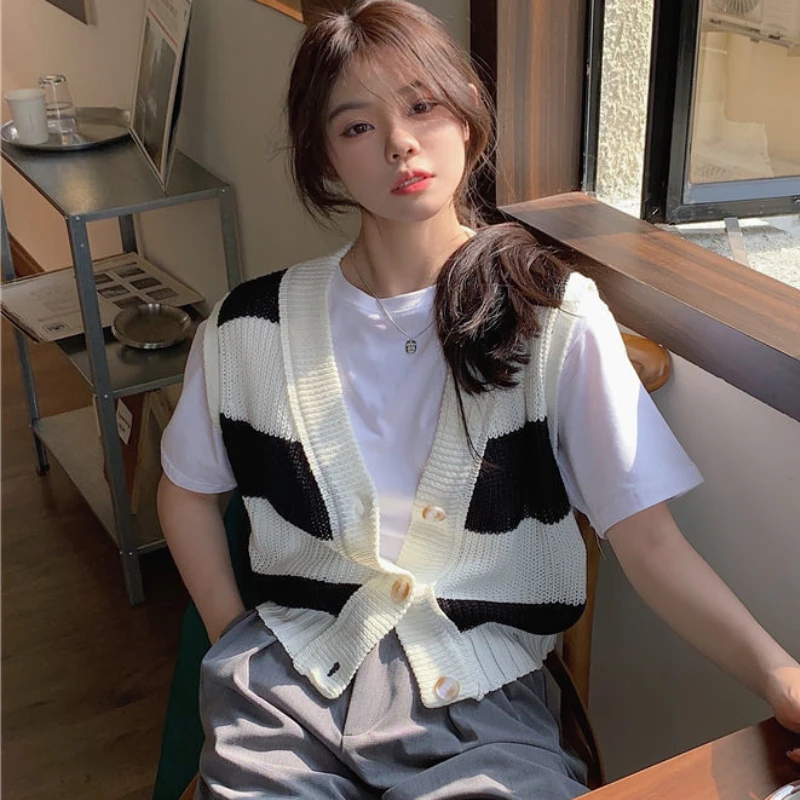 

Полосатый свитер, жилет, женский консервативный стиль, винтажный v-образный вырез, весенняя новая девичья корейская версия, мешковатая повседневная уличная одежда, Harajuku, простая