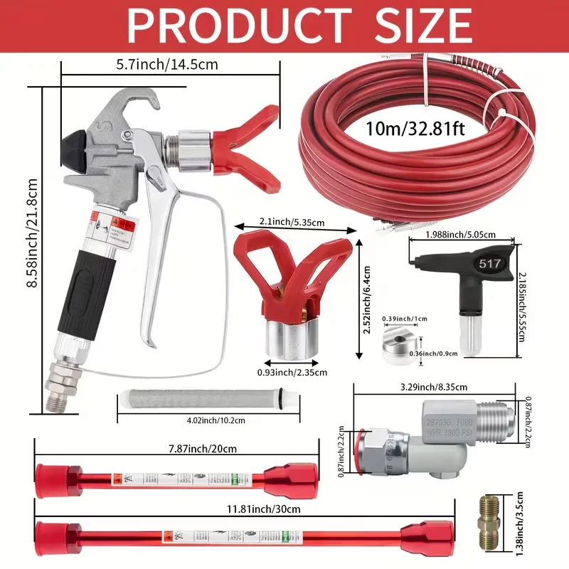Airless Spray Gun Set,5 Tips (211/315/415/517/621),2 Rods,HP Hose,5 Filters,6 Gaskets,Adapter,3600PSI Transfer Valve