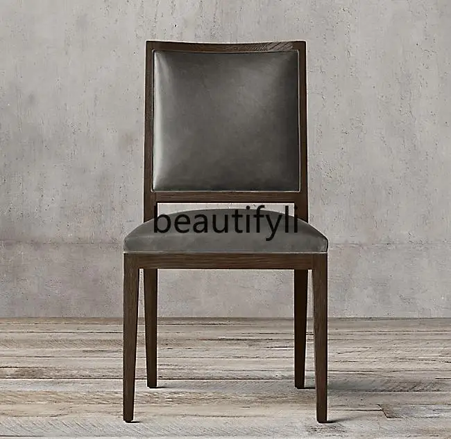 

Nordic Minimalist Oil Wax Genuine Leather Dining Chair Italian Light Luxury Solid Wood American Country Chair