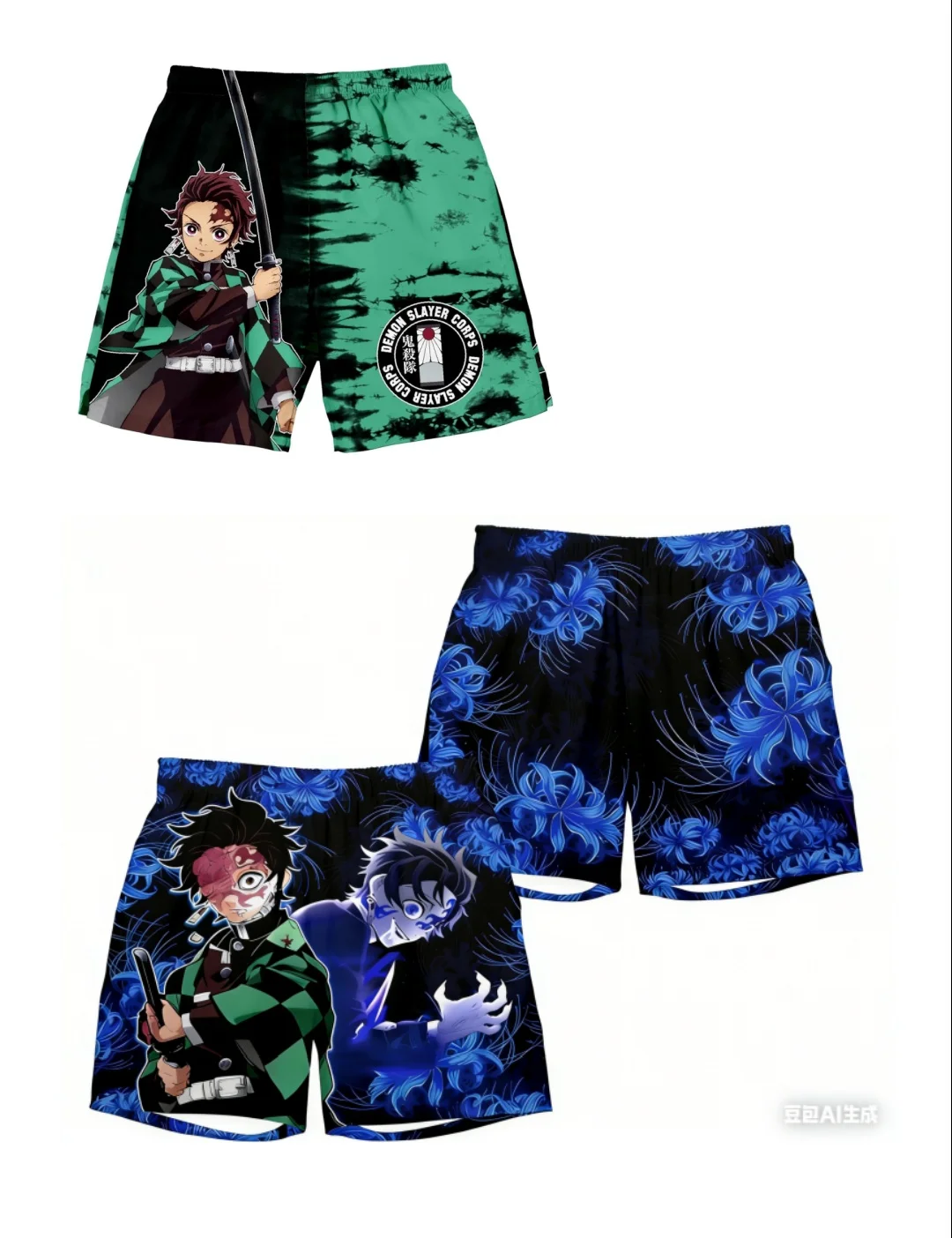 Demon Slayer Tanjiro Shorts for Adults and Children, 3D Full-Print Spider Lily Tie-Dye Color Block Anime Casual Sports Shorts