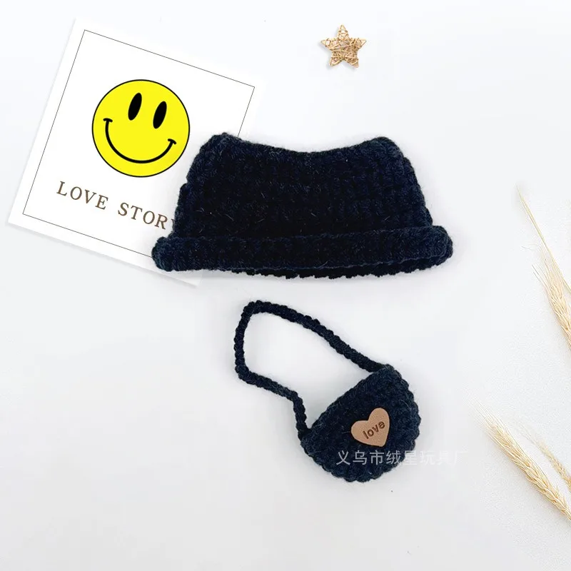 Adorable Handmade Crochet Bucket Hat With Mini Shoulder Bag Set Knitted Doll Accessories For 17CM Small Plush Toy Dress Up Decor view 5