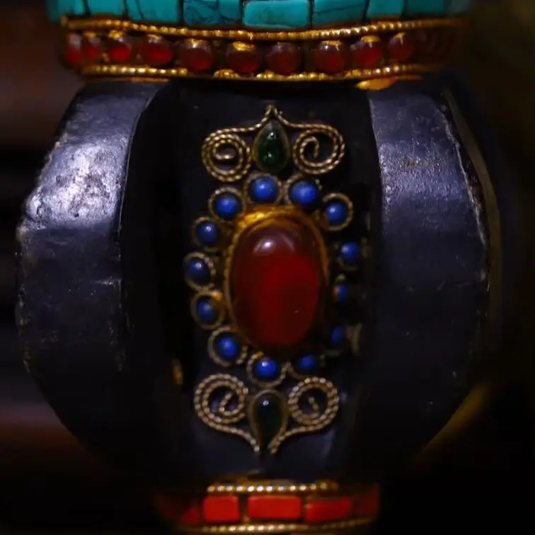 8”Temple Collection Old Natural Meteorites Mosaic Gem gZi Beads Turquoise Five Shares Vajra Phurpa Amulet Worship Hall