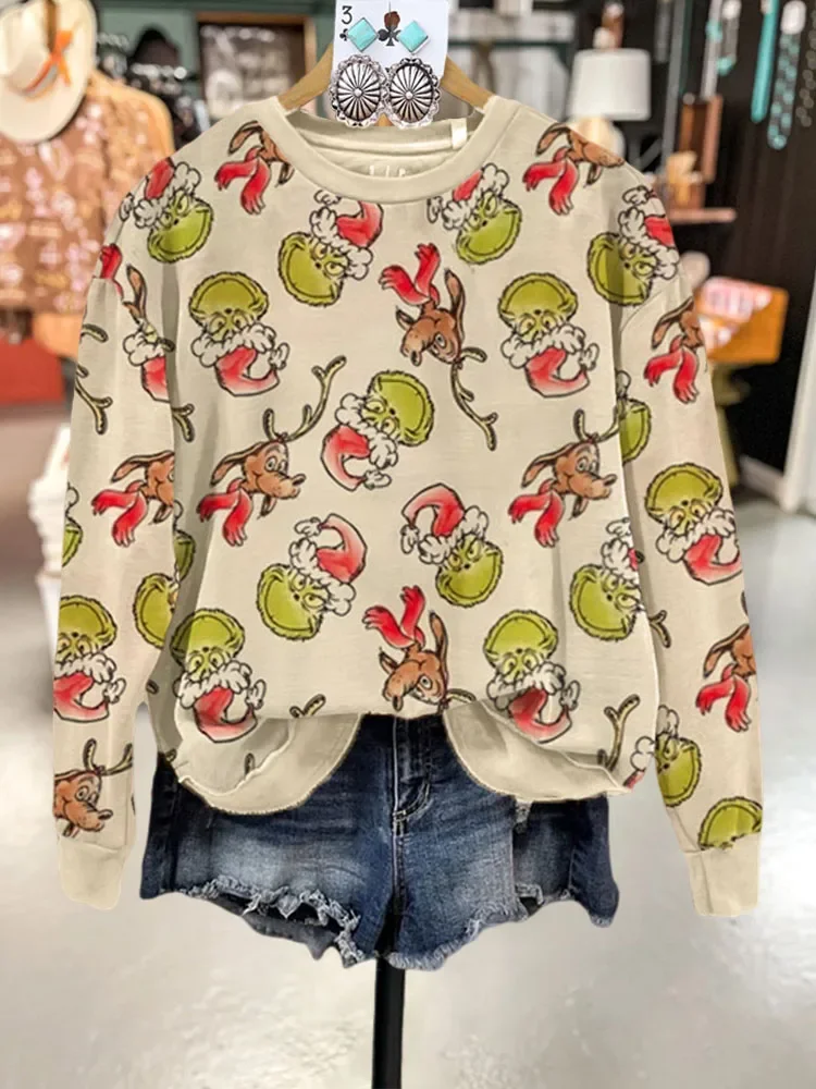 Lässiges Sweatshirt mit Cartoon-Print, Bekleidung, lustiges Weihnachts-Sweatshirt mit Rundhalsausschnitt |   Hässlicher Weihnachtspullover