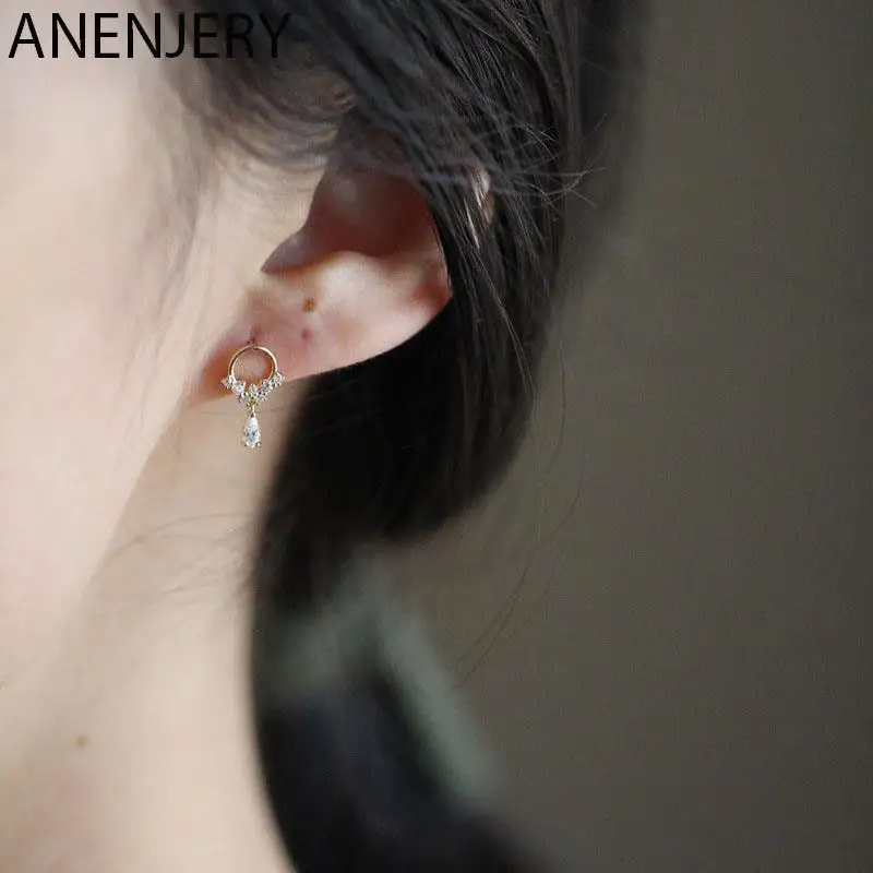 ANENJERY Silver Color Shiny Zircon Wreath Waterdrop Tassel Stud Earrings For Women Danity Jewelry Gifts