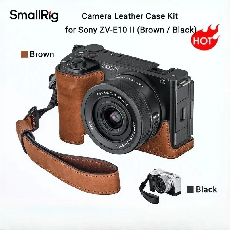 Kit de Estojo de Couro para Câmera SmallRig 4889 ZV-E10 II para Sony ZV-E10 II (Marrom/Preto) com Alça de Pulso, com Furo Rosqueado 1/4"-20 4777