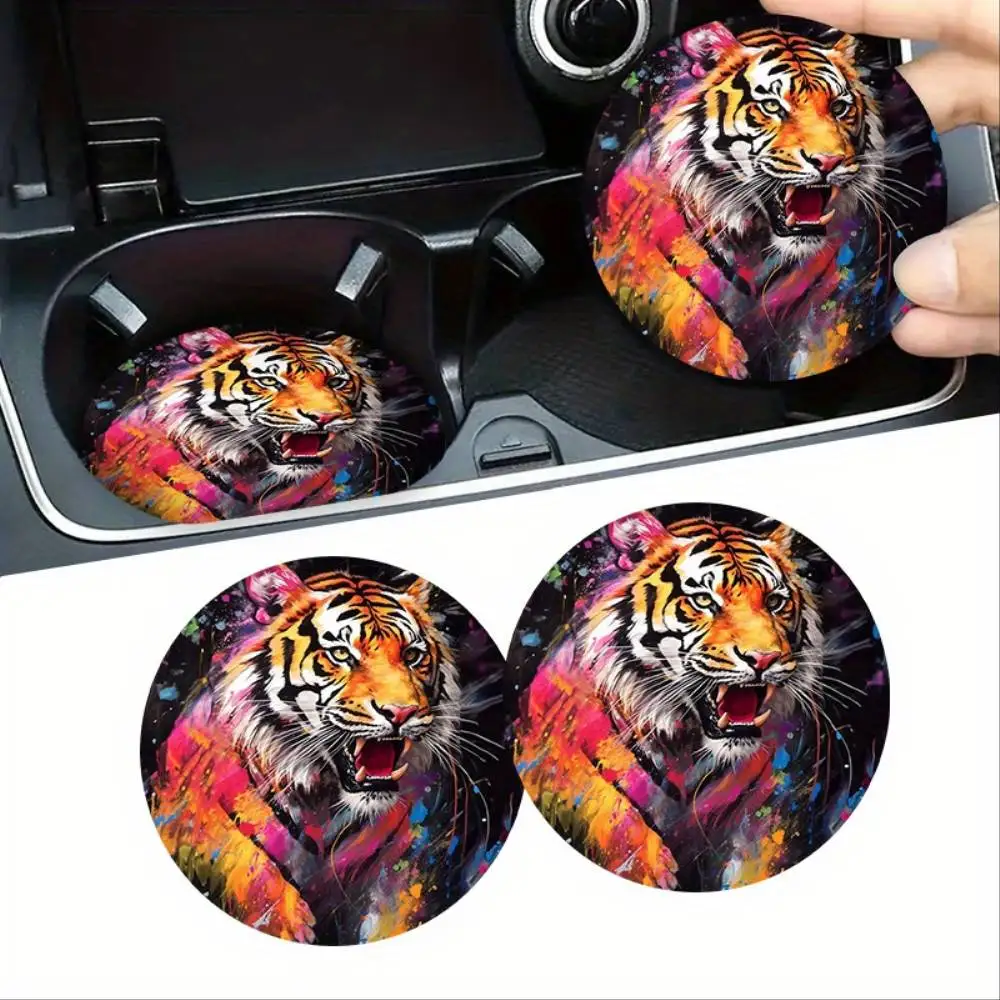 Tiger Design Car Coasters Non-Slip Spill-Proof Easy Clean Protect Cup Holder & Interior