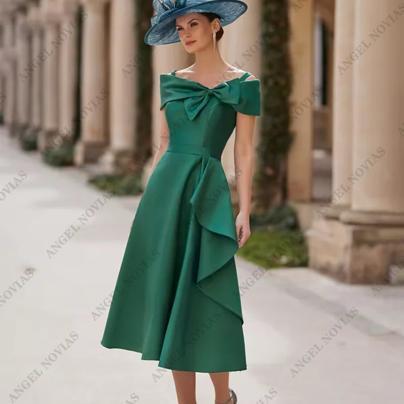 Robes de soirée personnalisées en satin vert pour mère de la mariée, robes de soirée A-Line pour patients, robes de dersynchronisation pour invitation au mariage, longueur de thé