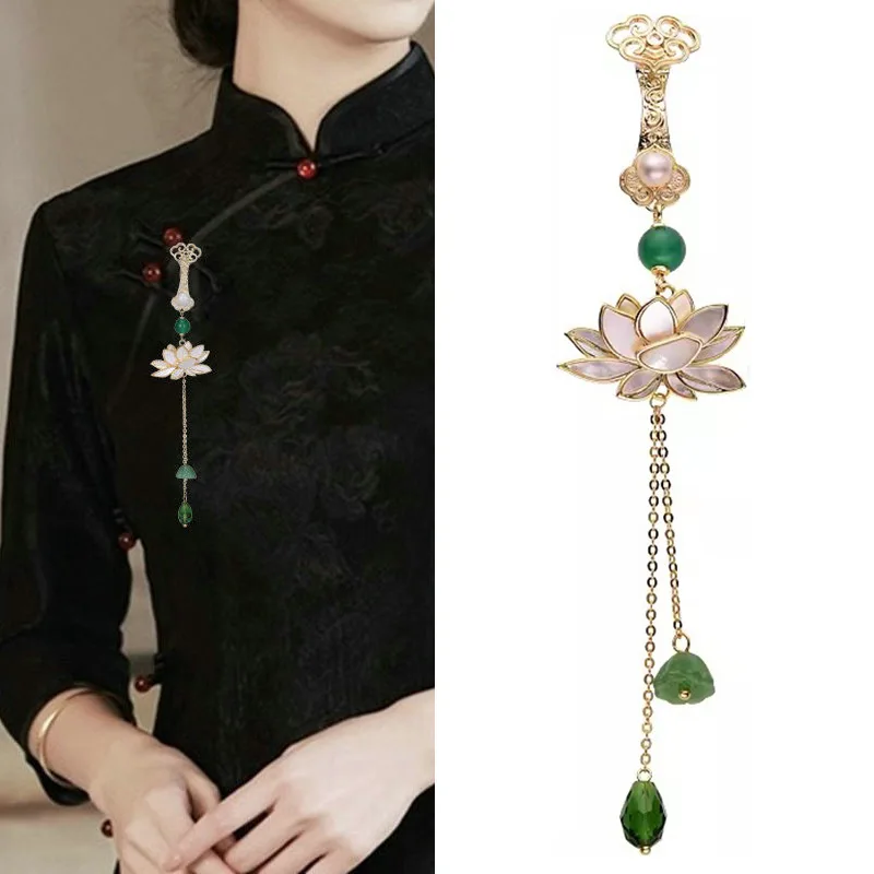 Broche Qipao chino - Colgante de flor de loto para Hanfu - Pin de borla con nudo de seda vintage - Regalo tradicional elegante para mujeres