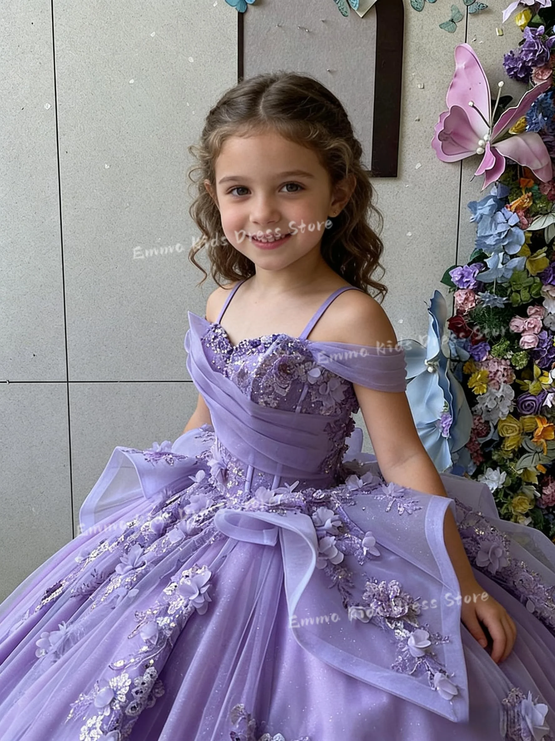 Custom Flower Girl Dress With Ruffled Crystal 3D Flowers And Layered Lace Appliqués Suitable For Flower Girl Pageants And First