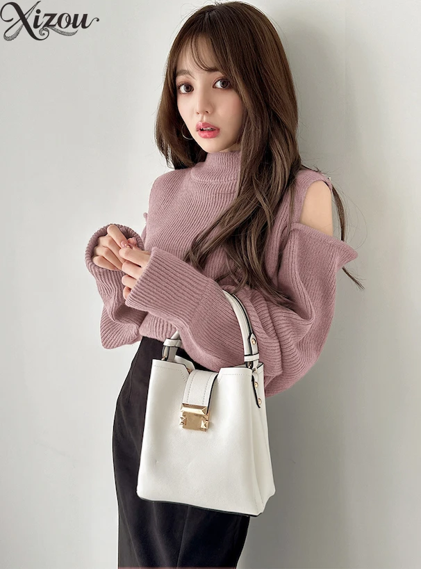 Swetry damskie z odkrytymi ramionami, dzianinowe, japońskie, koreańskie, na jesień i zimę 2025, dopasowane, z golfem, z wysokim kołnierzem, ażurowe, wiązane.