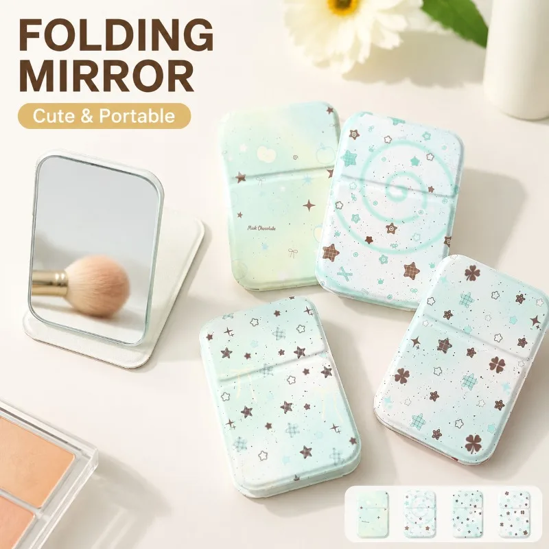 Thin Portable Double-sided Makeup Mirror Featuring Green Star Clover and Plaid Bow Design Cute Ins Folding Compact Mirror Ideal