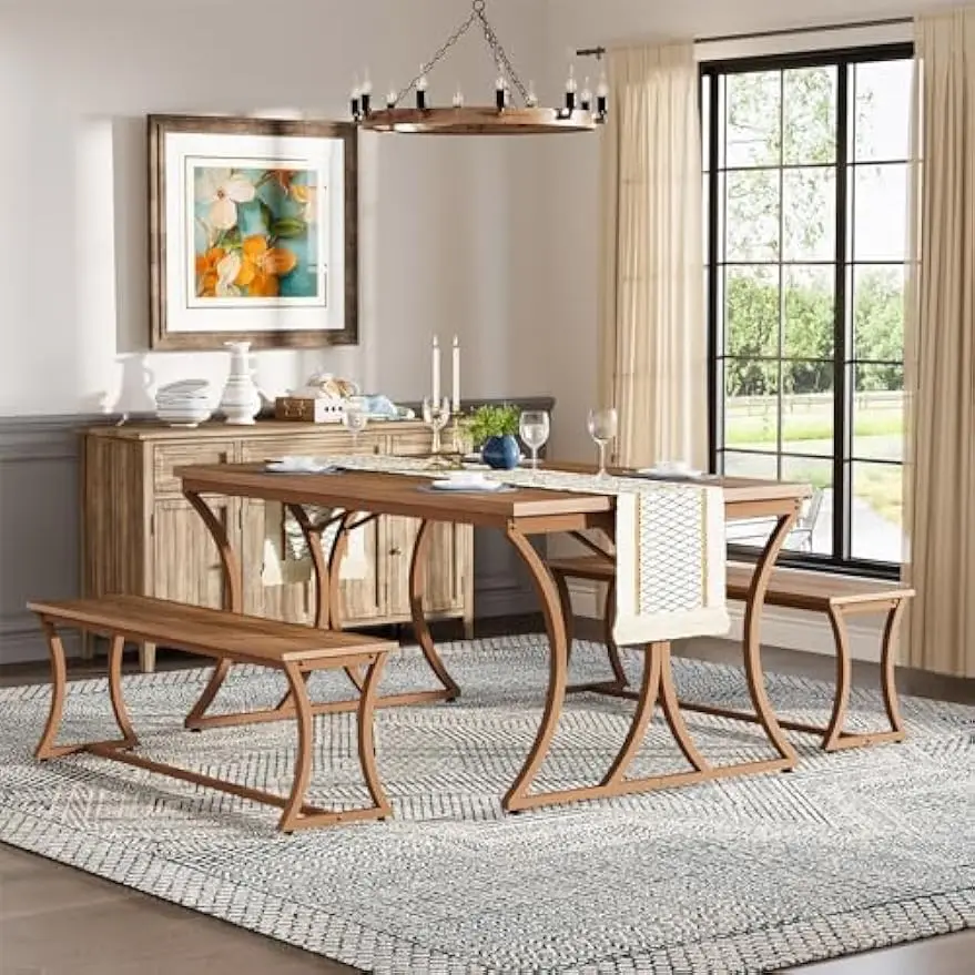 4-Piece 51-Inch Dining Table Set with 2 Benches & Table Runner, Mid-Century Modern Dining Room Table Set for 4-6, Rectangular