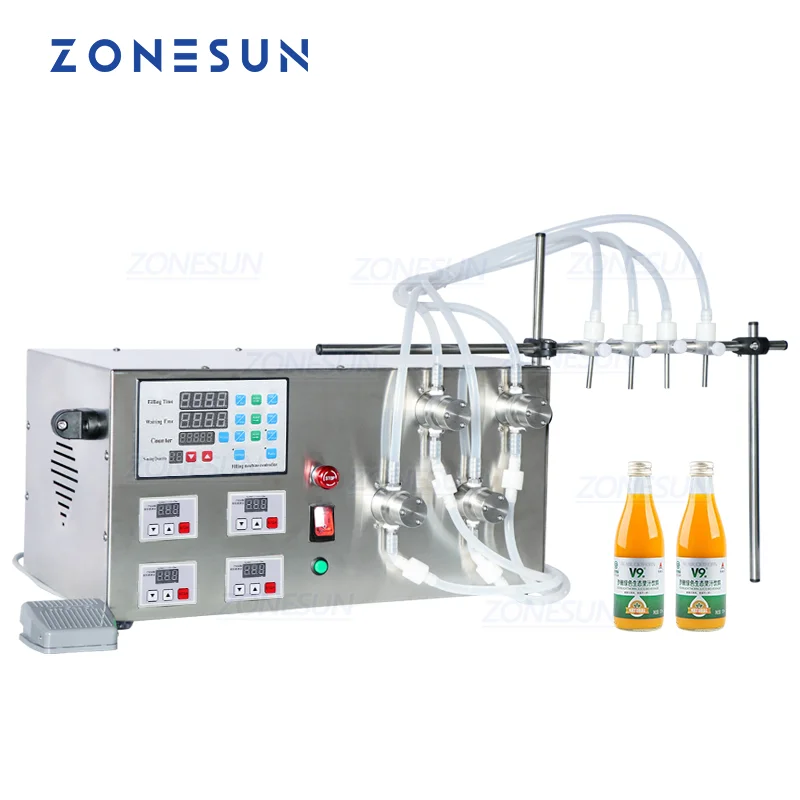 ZONESUN ZS-YTMP4S Semi-Automatic Four Heads Essential Oil Ink Cosmetic Liquid Water Bottle Magnetic Pump Filling Machine