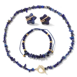 Natural Stone Lapis Lazuli Jewelry Set Quartzs Chip Beads Necklace Braided Bracelets For Women Star Shape Ear Studs Earrings