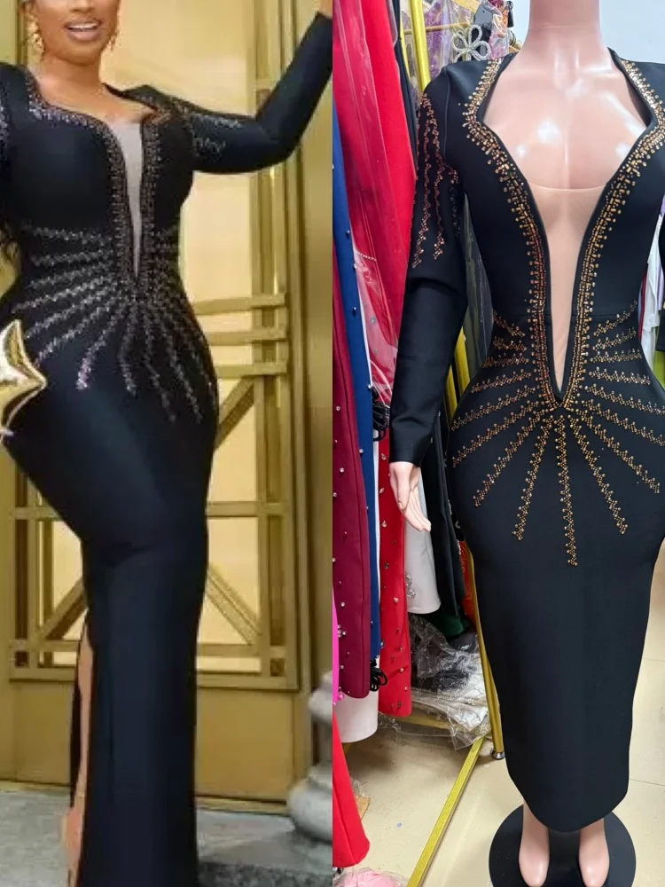 

Черное сексуальное облегающее платье с глубоким v-образным вырезом и длинными рукавами, облегающее бедра, официальное трансграничное женское платье, сексуальное