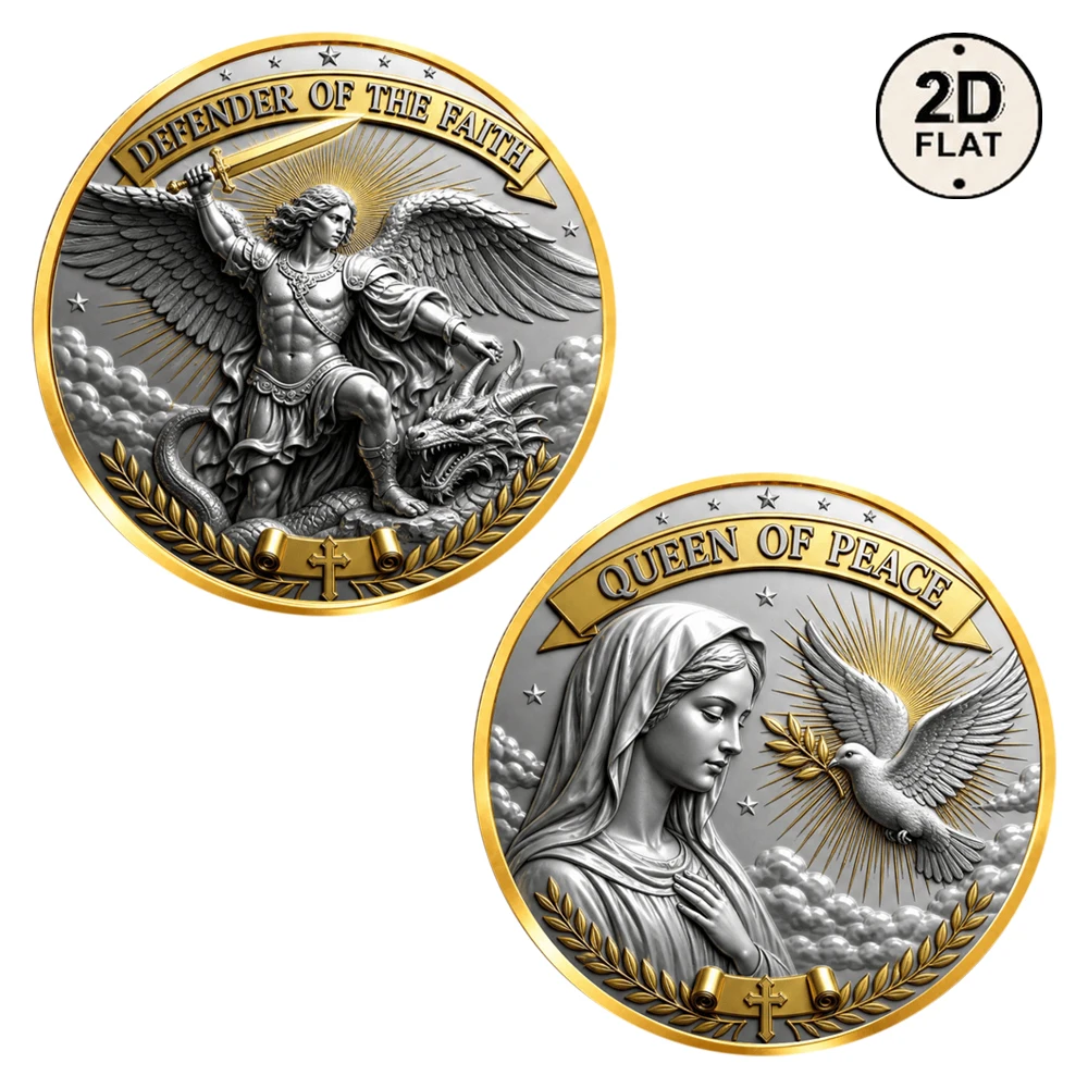 1 unidad: moneda conmemorativa de la Reina de la Paz, defensora de la fe, con estampado a color, representando al Arcángel Miguel y a la Virgen María, medalla artística, recuerdo religioso.