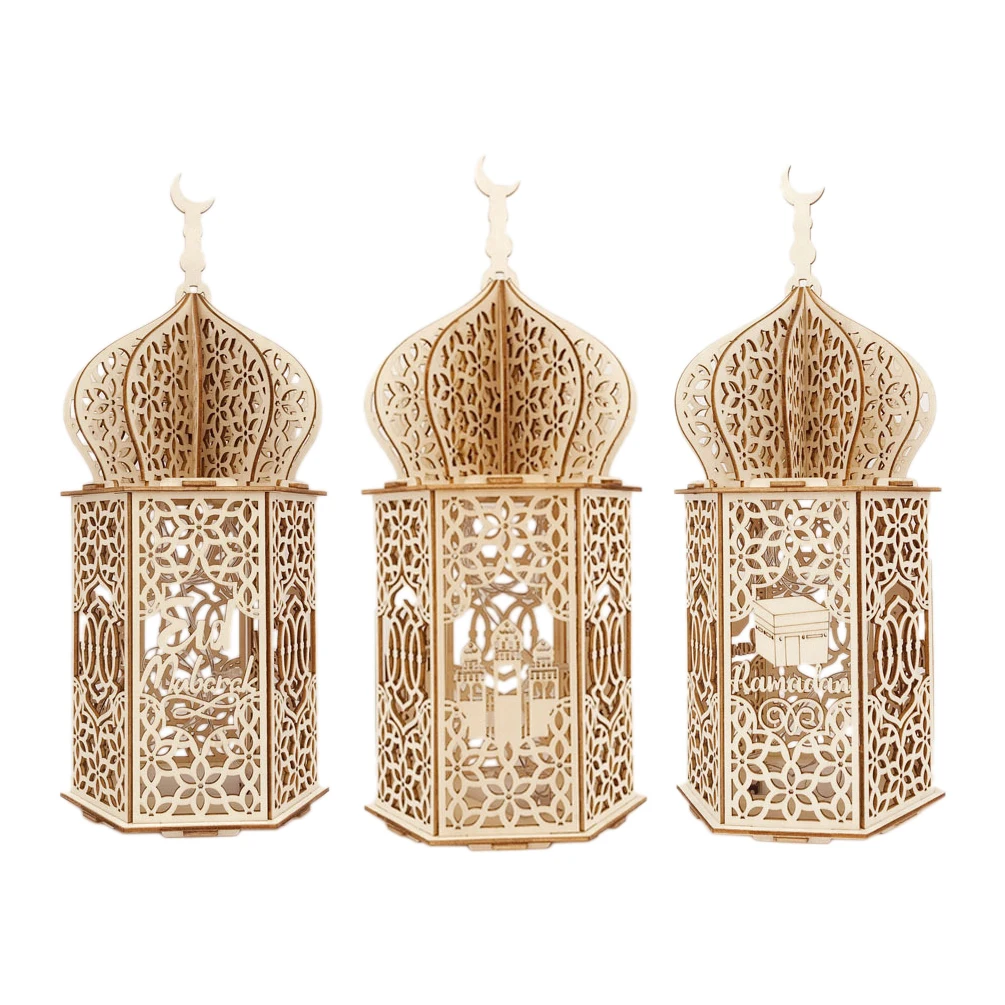 Wooden DIY Palace LED Night Light Eid Mubarak Decoration Ornament Muslim Wood Lantern Ramadan Decoration