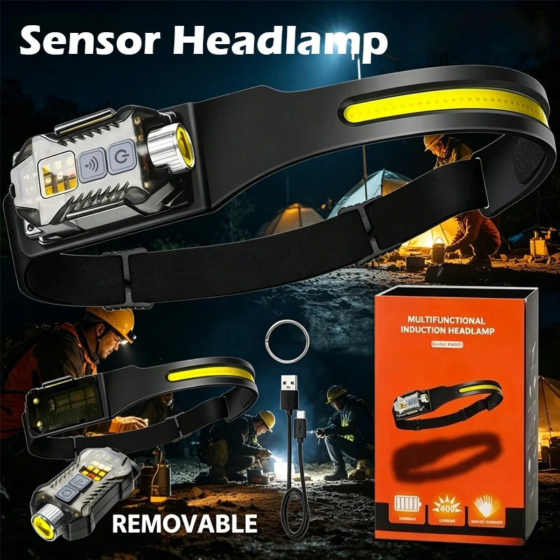 USB C Rechargeable LED Sensor Headlamp XPE+COB Headlight Led Head Torch Camping Search Light Head Flashlight for Fishing Lantern